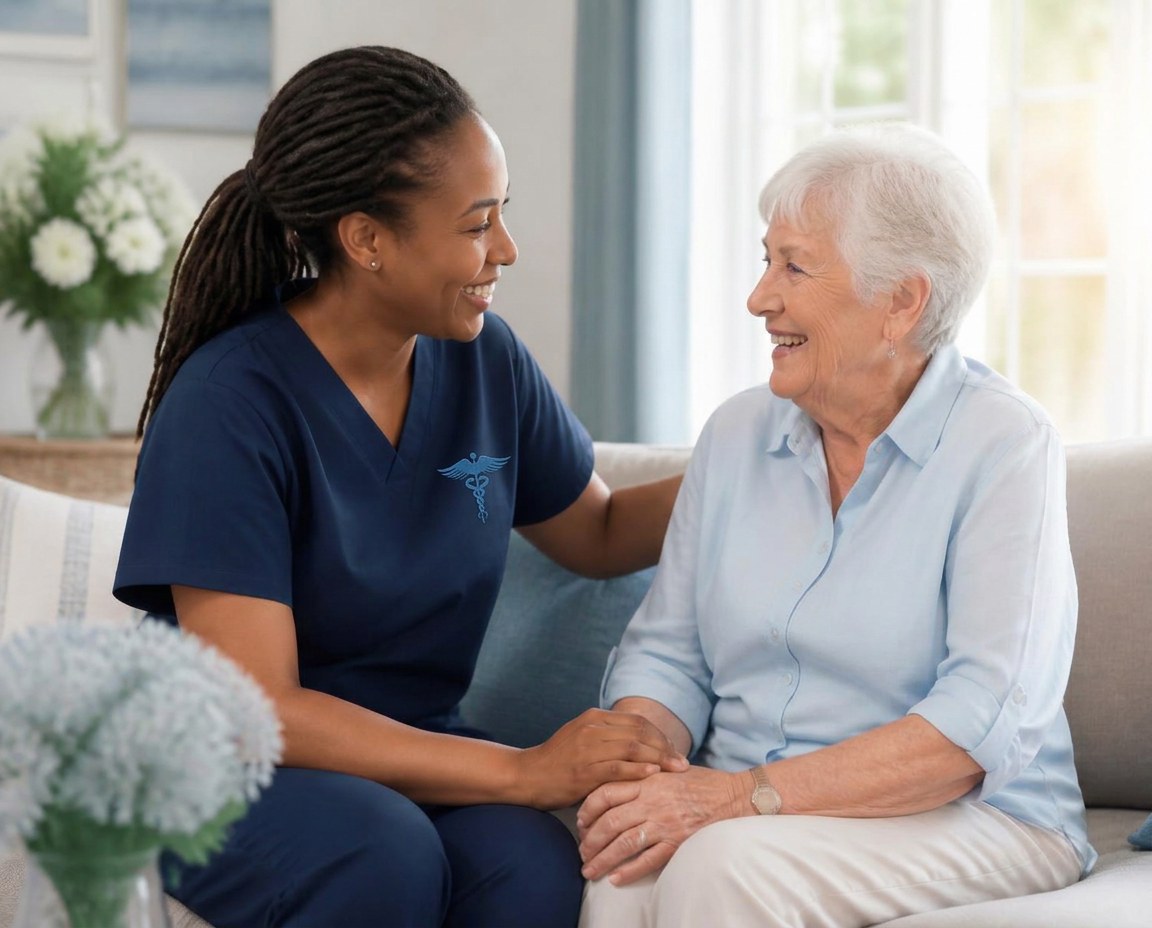 A Premium United caregiver in branded blue scrubs sharing a warm moment with an older woman at home