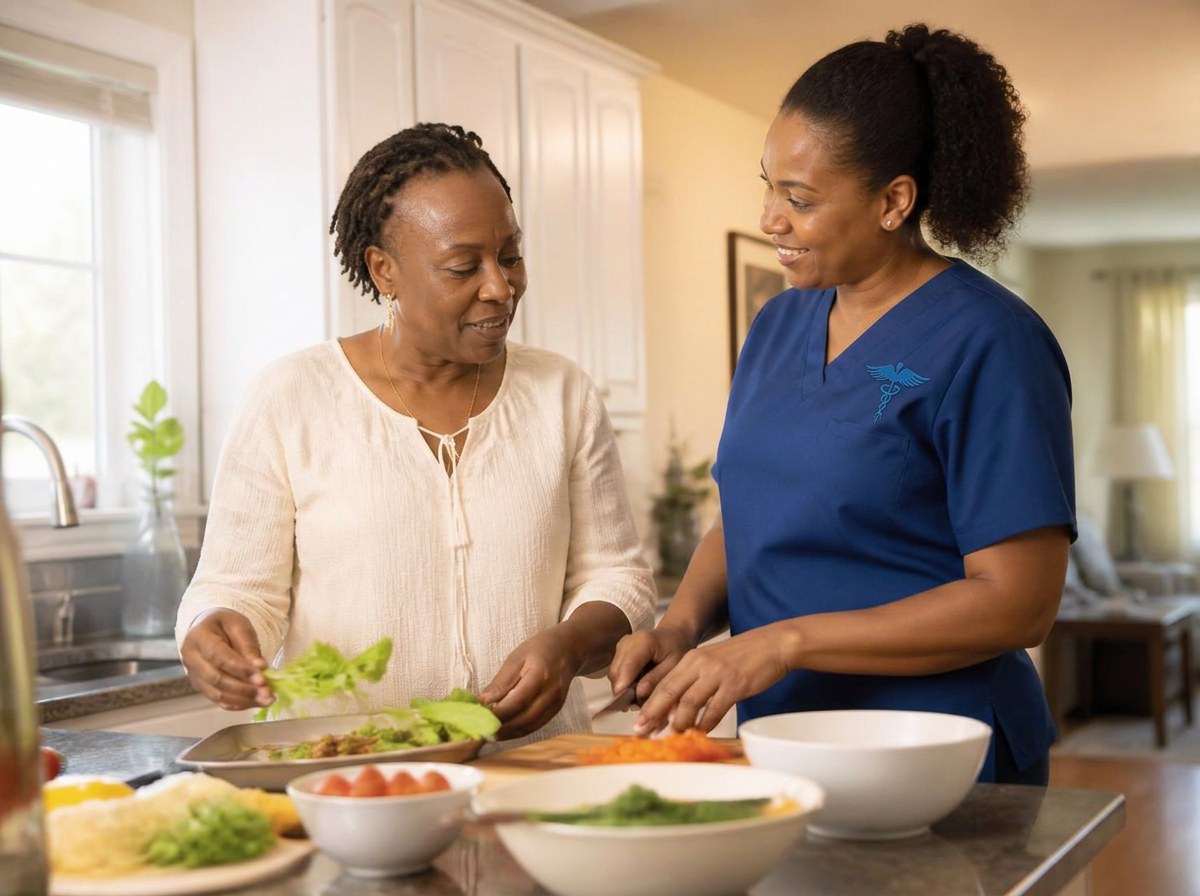 A Premium United caregiver in branded blue scrubs preparing a meal with a client at home