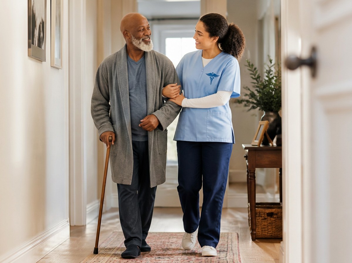 A Premium United caregiver in branded blue scrubs supporting an older man at home