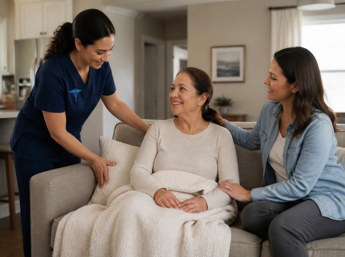 A Premium United caregiver and family member supporting an older woman at home