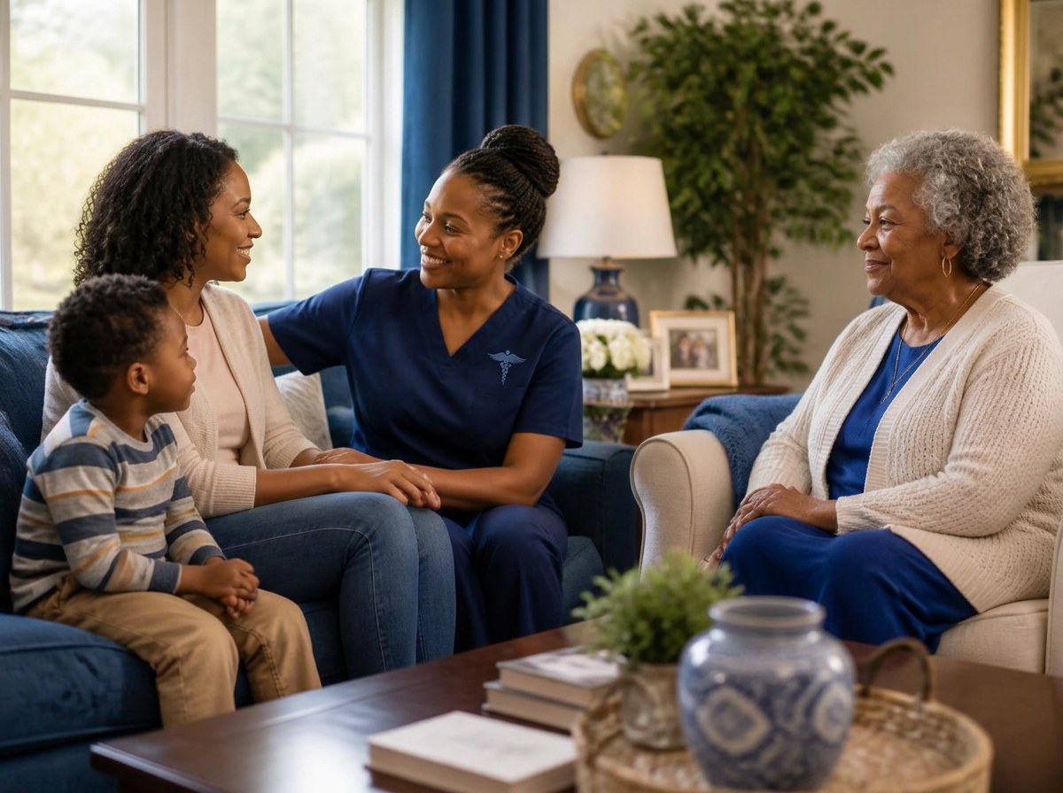 A Premium United caregiver meeting with a multigenerational family in their living room