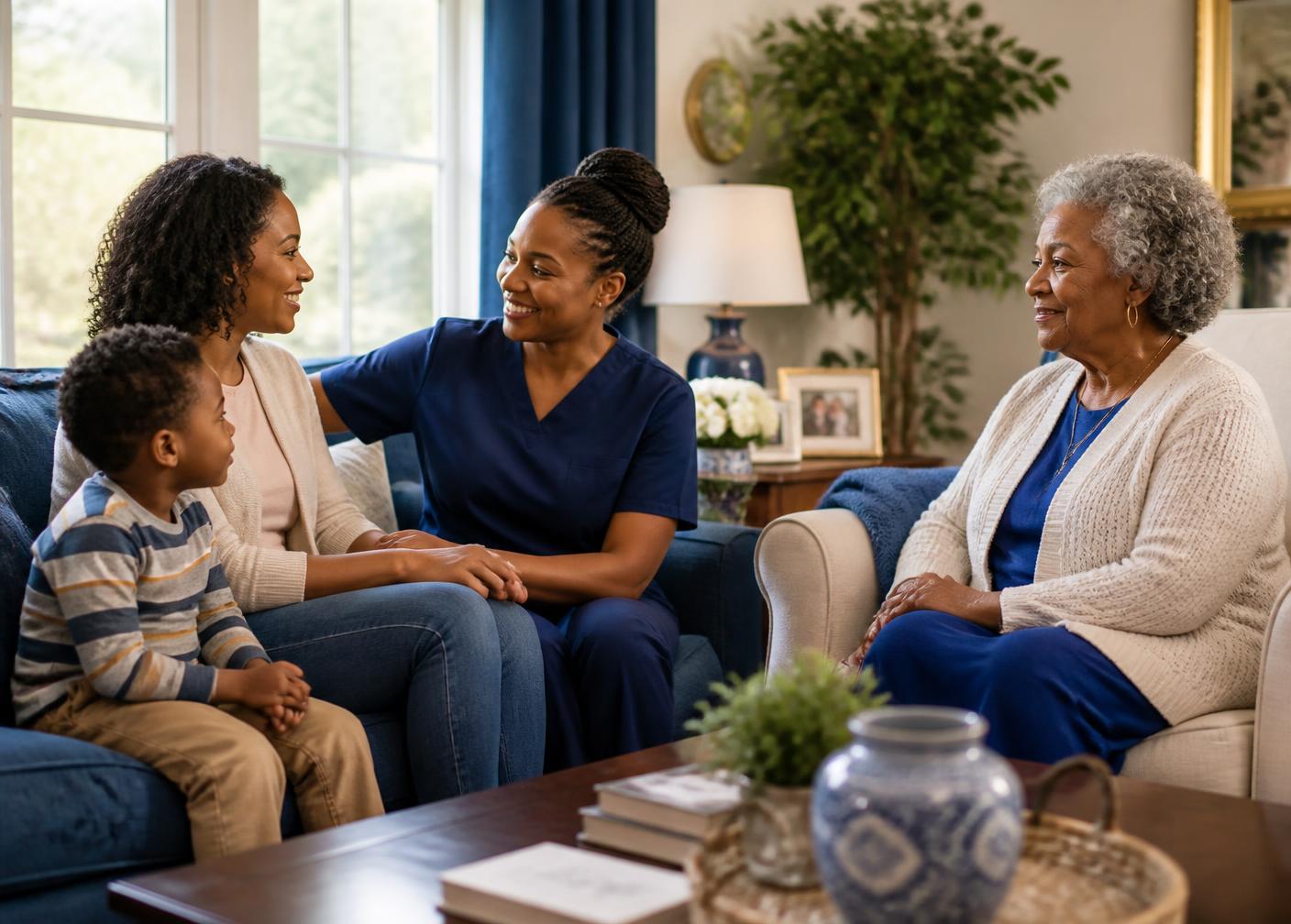 A home health aide supporting a family caregiver and an older adult at home