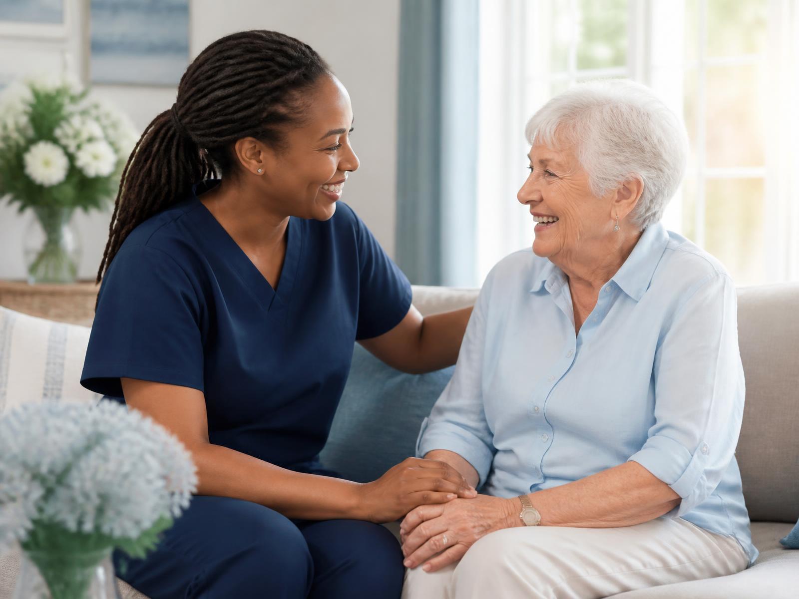 A home health nurse sitting with an older woman in her living room