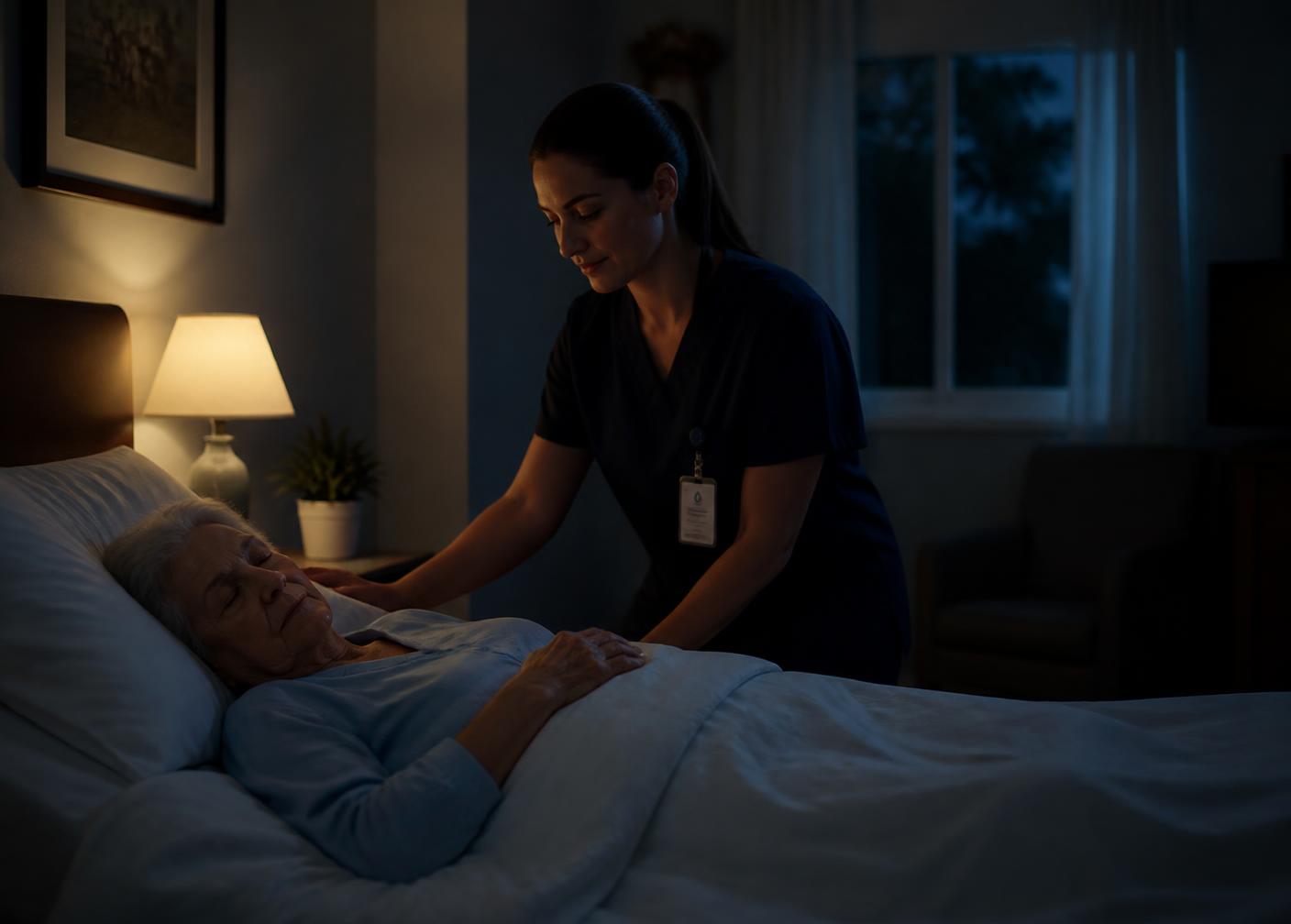 A caregiver quietly checking on an older adult resting at night